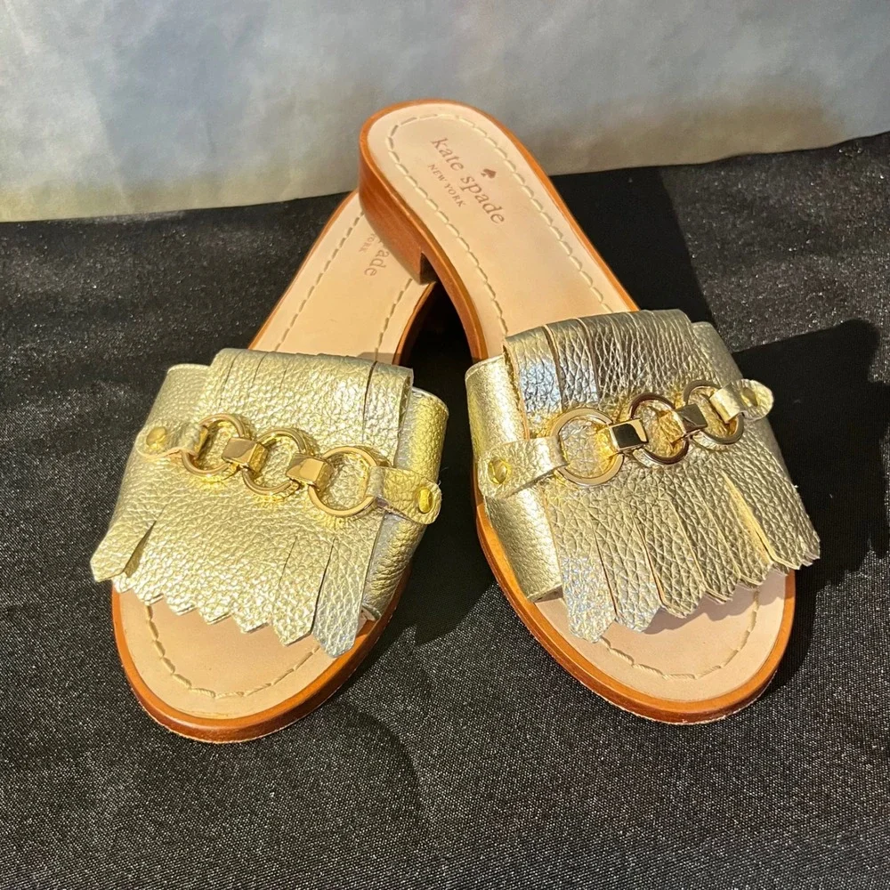 Kate Spade Brie GoldLeather Fringe Chain Slide Sandals Mules‎ Women's Size 6.5M